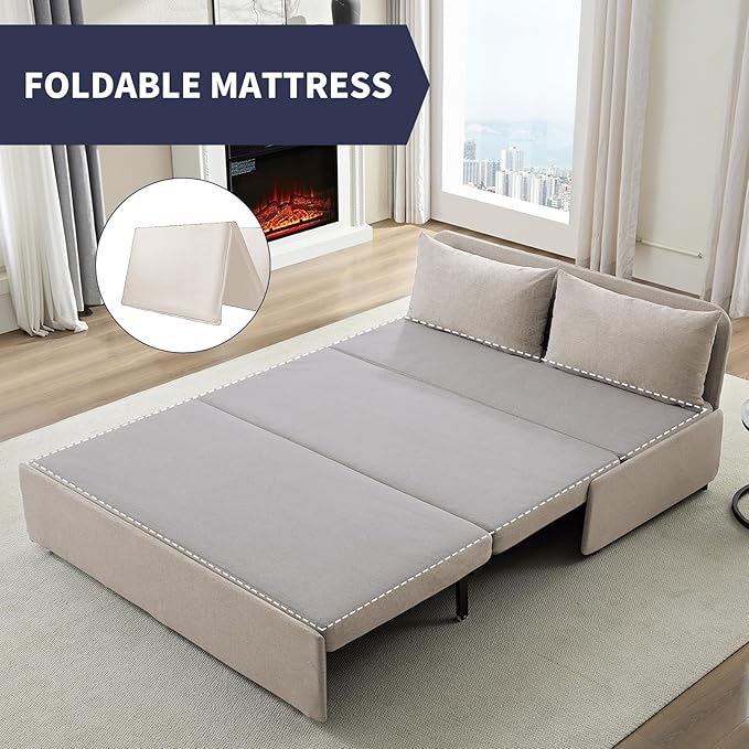 Queen Size Sofa Bed, Pull Out Sofa Bed with Cushions & Throw Pillows, Linen Couch Beds, Modern Convertible Sleeper Sofas Beds, Loveseat for Living Room for Small Spaces - Beige