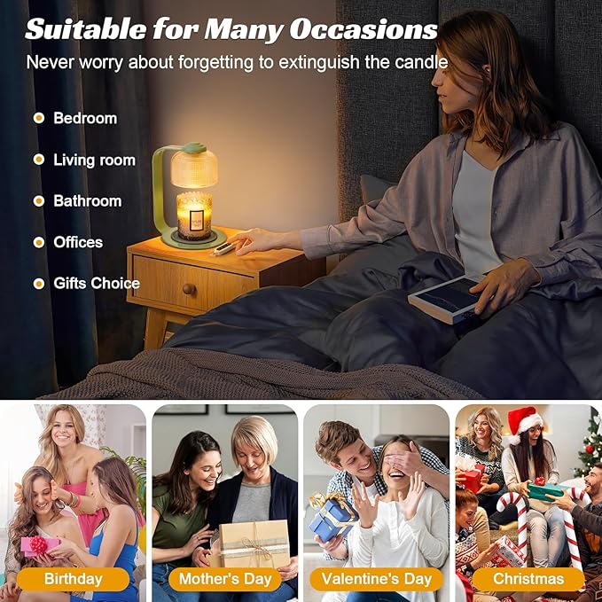 Candle Warmer Lamp with Clear Glass Globe and Timer & Dimmable Light - Jar Candle Melter Green Minimalist Metal Frame, Home Decor Gift Set (Includes 2 Bulbs)