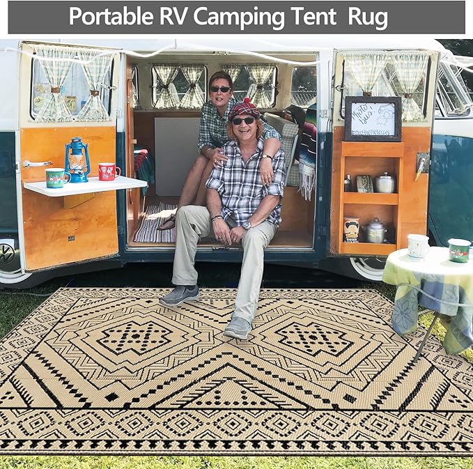 Waterproof Outdoor Rug 5x8 ft, Reversible Plastic Straw Mat, Large Floor Mat for Patio, Camping, Picnic, Backyard RV, Deck, Black