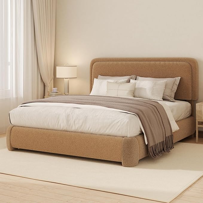 Queen Boucle Platform Bed Frame with Height Adjustable Headboard, Modern Upholstered Cloud Bed, Sleek Curved Design, No Box Spring Needed, Easy Assembly, Noise Free, Camel