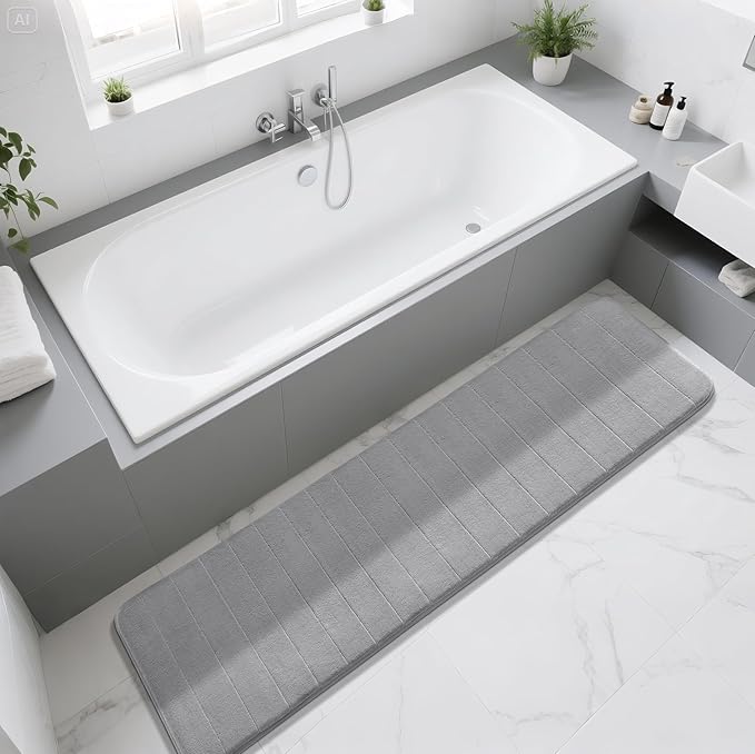 Yimobra Bathroom Runner Rugs 72"x24" Non Slip Washable Memory Foam Bath Mat, Super Soft Water Absorbent Hallway Carpet for Vanity Tub Shower, Gray