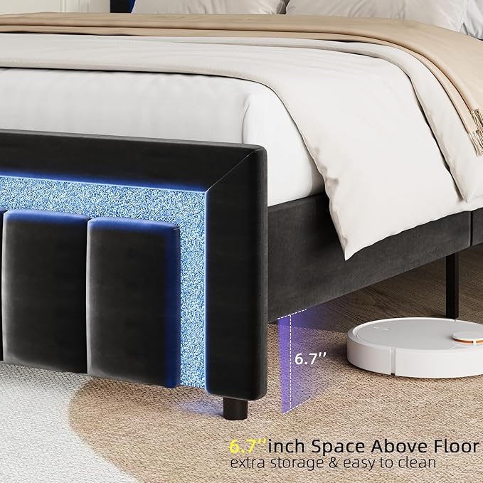 HOMBCK King Size Bed Frame with LED Lights and Velvet Upholstered Headboard, Bed Frame King with Modern Diamond Headboard Adjustable, Wooden Slats Support, Noise Free, No Box Spring Needed, Black