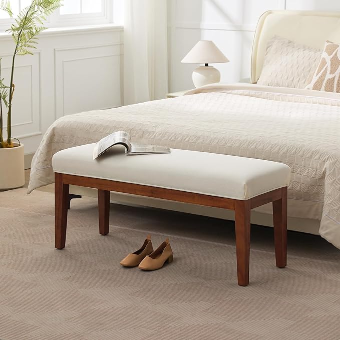 43.5'' Linen Bedroom Bench, Upholstered End of Bed Bench, Padded Vintage Dining Bench, Entryway Bench with Solid Wood Legs, Kitchen, Living Room, Hallway, White