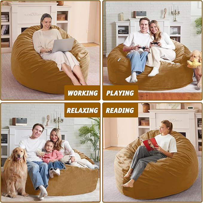 5FT Bean Bag Chair with Ultra Soft Velvet Cover Bean Bag Sofa with Memory Foam Bean Bag Chairs with Large Size Lazy Sofa for Dorm Office Living Room Bedroom Camel 5'