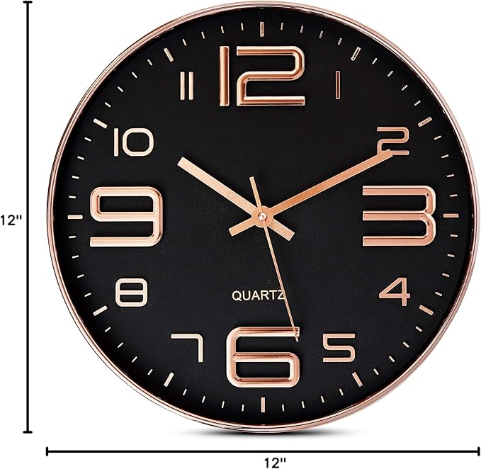 Bernhard Products Black Wall Clock - 12 Inch Rose Gold Silent Non Ticking Quality Quartz Battery Operated Easy to Read Decorative Modern Design for Home/Office/Kitchen/Bedroom/Living Room