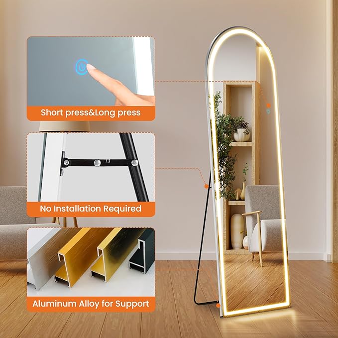 OLIXIS 16"×60" Arched Full Length Mirror with Light, LED Floor Full Body Mirror with 3 Color Lighting