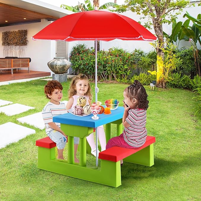 Kids Picnic Table, Toddler Picnic Table with Removable & Foldable Umbrella, Plastic Children Patio Furniture for Garden Backyard, Kids Outdoor Table, Red, Blue & Green