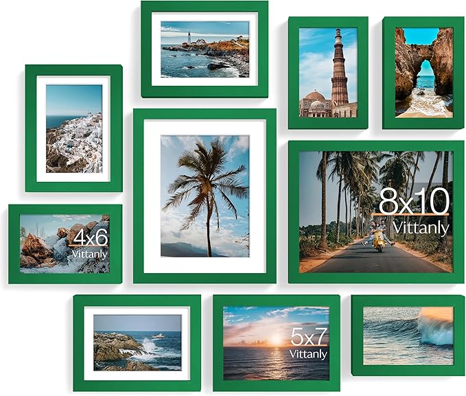 Vittanly 10 Pack Picture Frames Collage Wall Decor, Gallery Wall Frame Set with 2Pcs 8x10, 4Pcs 5x7 and 4Pcs 4x6 Photo Frames, Picture Frame Set for Wall Collage or Tabletop Display, Green