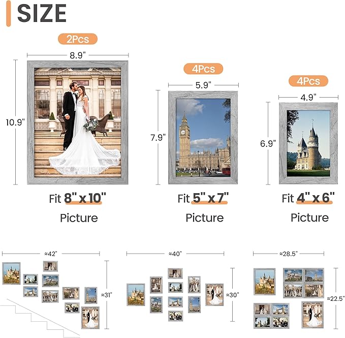 upsimples 10 Pack Picture Frames Collage Wall Decor for Mounting or Tabletop Display, Photo Gallery Frame Set for Family, Multi Sizes Including 8x10, 5x7, 4x6, Gray