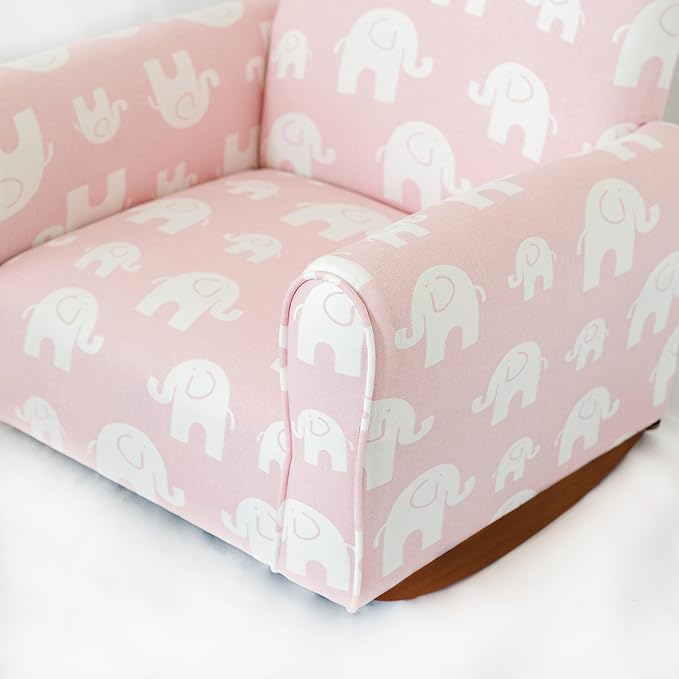 Toddler Personalized Armchair, Kids Upholstered Rocking Chair with Personalization, Toddler Chair with Personalized Name, Comfy Child Armchair, (Pink Elephants Print, Rockers)