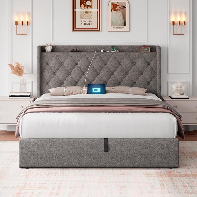 iPormis Queen Size Lift Up Storage Bed Frame with Charging Station, Upholstered Platform Bed Frame with Tufted Headboard, Hydraulic Storage, No Box Spring Needed, Noise-Free, Easy Assembly, light Grey