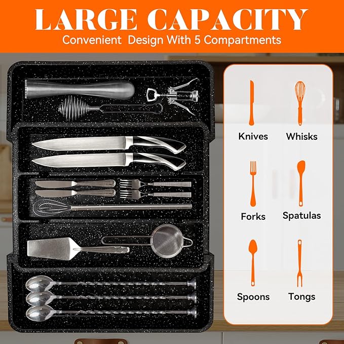 Utensil Drawer Organizer for Kitchen Cutlery, Expandable Large Silverware Organizer, Adjustable Cooking Utensil Tray, Plastic Spatula Tools and Gadgets Storage Divider, Marble Design, Black