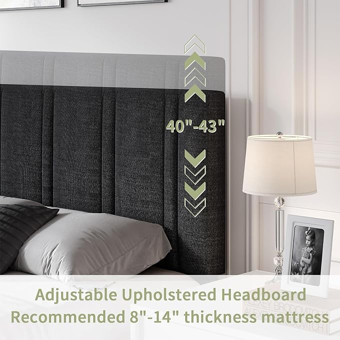 Full Bed Frame with Tufted Headboard, Upholstered Platform Bed with Adjustable Headboard, Fabric Bed Frame with Wooden Slats Support, No Box Spring Required, Easy Assembly, Black