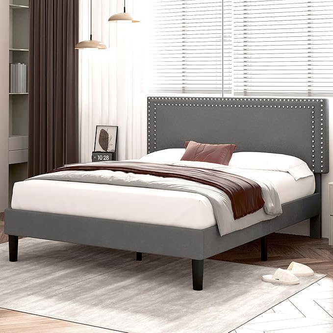VECELO Queen Size Bed Frame with Adjustable Upholstered Headboard, Wooden Slats Platform, Noise-Free Design, No Box Spring Needed, Easy Assembly