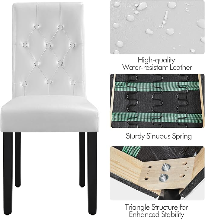 Yaheetech Dining Chairs Set of 2 Modern Style Faux Leather Dining Room Chairs with Solid Wood Legs and Button Tufted Padded for Home Kitchen and Restaurant, White