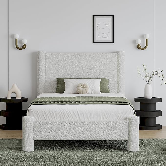 Twin Size Bed Frame, Boucle Upholstered Platform Bed with Headboard and Footboard, Soft Rounded Corners, No Box Spring Required, Easy Assembly, White