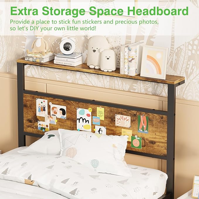 Weehom Twin Bed Frames with Headboard Shelf - Modern Twin Size Bed Frames with Wood Headboard, No Box Spring Needed Metal Platform Bed, Rustic Brown