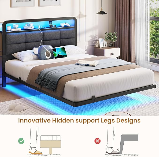 Hasuit Full Floating Bed Frame with Charging Station and LED Lights, Full Size Bed Frame with Wood Storage Headboard, Grey Upholstered Platform Bed, No Box Spring Needed, Noise Free, Easy Assembly