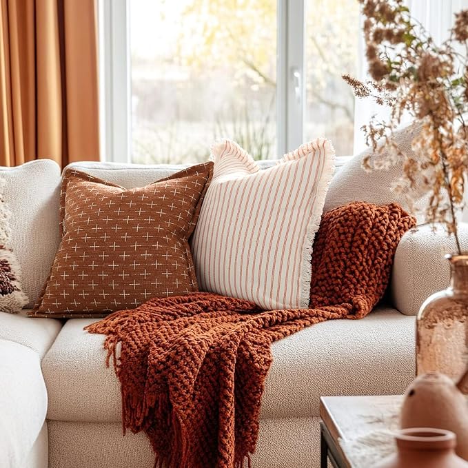 ZWJD Throw Fall Pillow Covers 24x24 Set of 2 Striped Pillow Covers with Fringe Chic Cotton Decorative Pillows Square Cushion Covers for Sofa Couch Bed Living Room Farmhouse Decor