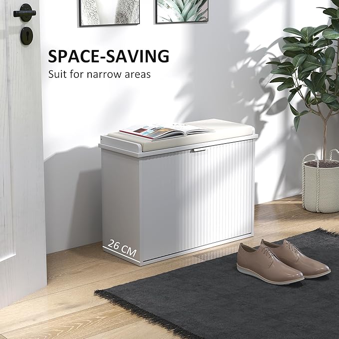 HOMCOM Narrow Shoe Bench with Padded Seat Cushion and Flip-Drawer, Small Entryway Bench Holds up to 265lb, Shoe Cabinet, 24.4x10.2x18.7 Inches, White