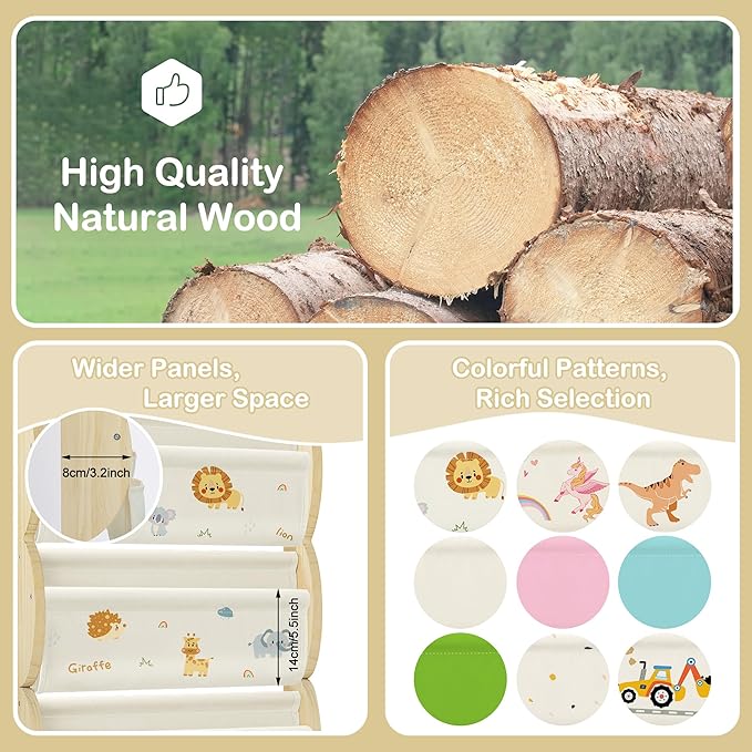 Wooden Wall Mounted Bookshelf for Kids Rooms, 4 Tier Floating Nursery Book Shelf, Kids Bookshelf with 2 Pockets, Toddler Sling Book Rack with Deep Sleeves (Jungle Animals)