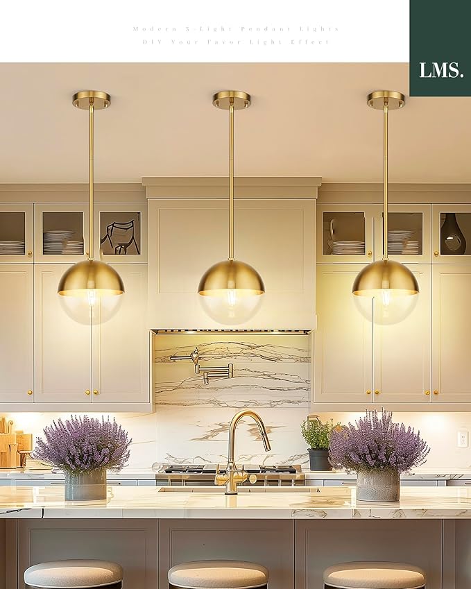 LMS Mid Century Pendant Light Fixtures, Brushed Gold Farmhouse Pendant Light with Clear Globe Glass Shade, Adjustable Hanging Rod Ceiling Light for Dining Room Bathroom Kitchen Island, LMS-186BGC