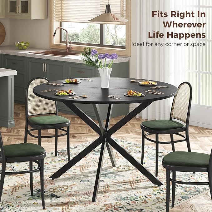 Unovivy 47" Round Dining Table for 4-6, Space Saving Circle Kitchen Dinner Table, Industrial Mid Century Modern Dining Room Desk for Kitchen, Apartment, Black