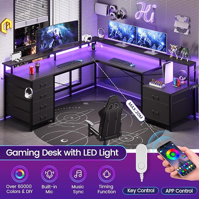 SEDETA L Shaped Desk with 6 Drawer, 108" Home Office Desk with File Drawer & Power Outlet, Corner Computer Desk with Monitor Shelf, File Cabinet, Two Person Desk, Gaming Desk with Led Lights, Black