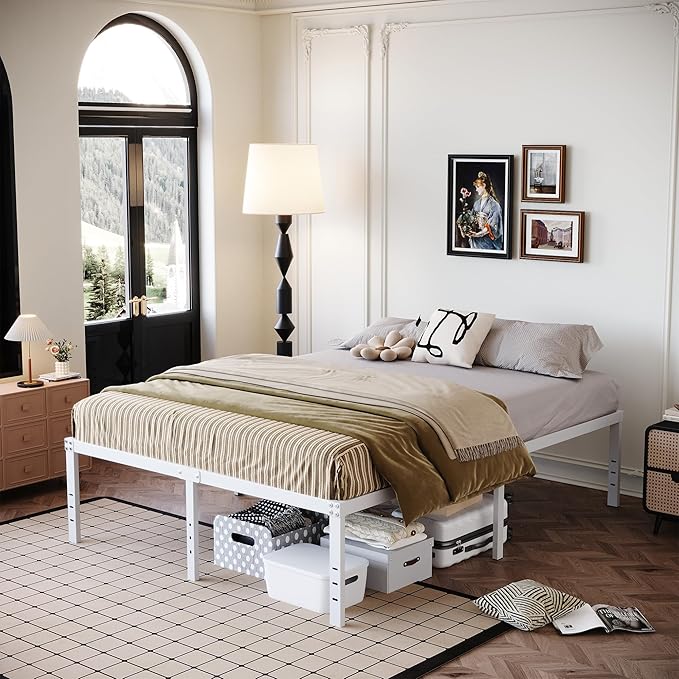 18 Inch Full Size Bed Frame Heavy Duty Metal Platform No Box Spring Needed, Maximum Storage, Easy Assembly, Noise Free, White