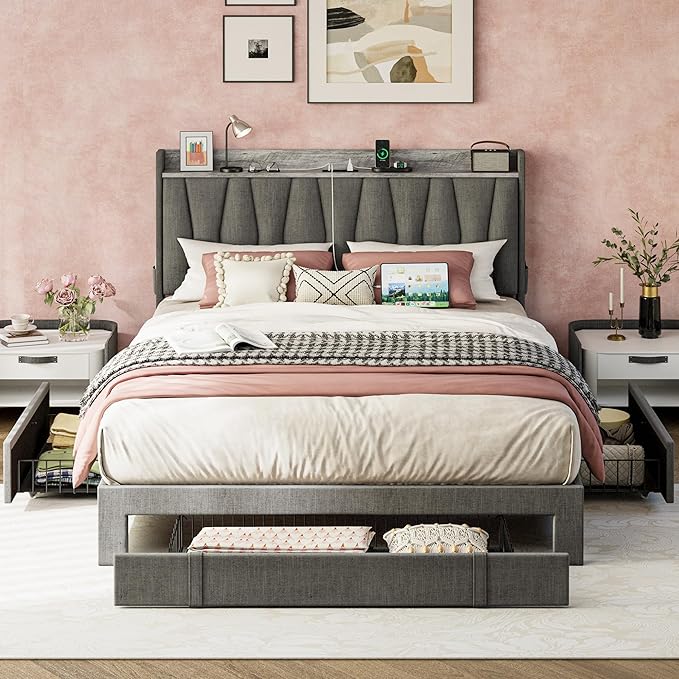 ANCTOR Full Size Bed Frame with 3 Drawers, Upholstered Platform Bed with Storage Headboard and Charging Station, No Box Spring Needed, Easy Assembly, Grey