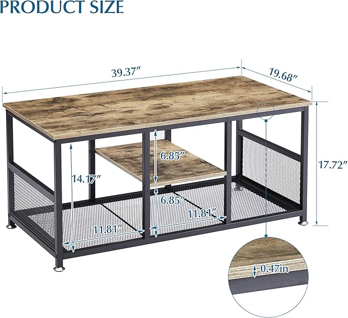 VECELO Coffee Center Table with Storage for Living Room Office Reception, Industrial Mesh Shelf, 39.4 Inch, Grey