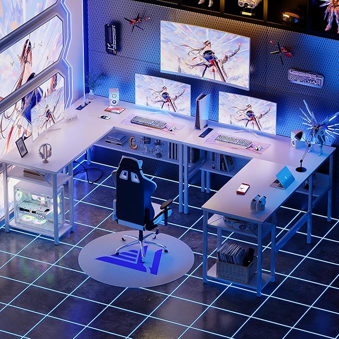 Unikito Reversible L Shaped Computer Desk with Magic Power Outlets and USB Charging Ports, Sturdy Corner Desk with Storage Shelves, Durable Work Desk for Home Office, Easy to Assemble, White