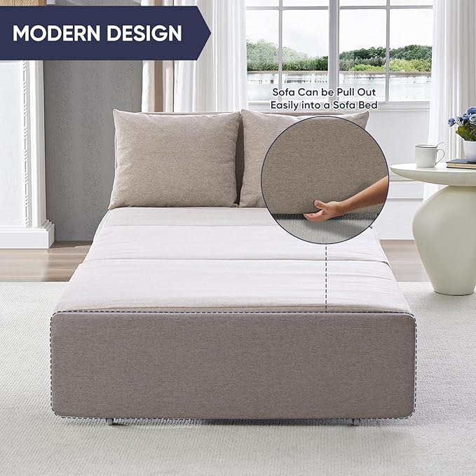 Sofa Bed, Full Size 2 in 1 Pull Out Sofa Couch Bed with Cushions & Throw Pillows & Wheels, Modern Linen Convertible Foldable Sleeper Sofas Couch for Small Spaces, Living Room Furniture - Beige
