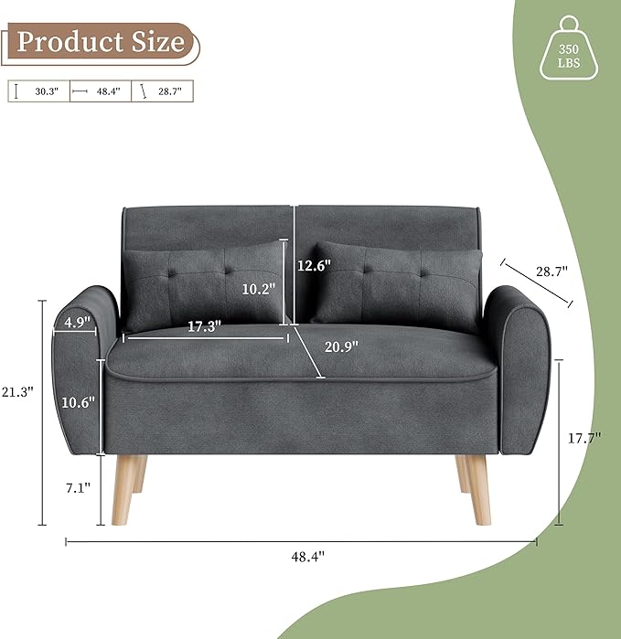 Vongrasig 47" Small Modern Loveseat Sofa, Mid Century Linen Fabric 2-Seat Sofa Couch Tufted Love Seat with Back Cushions and Tapered Legs for Living Room, Bedroom and Small Space (Dark Gray)