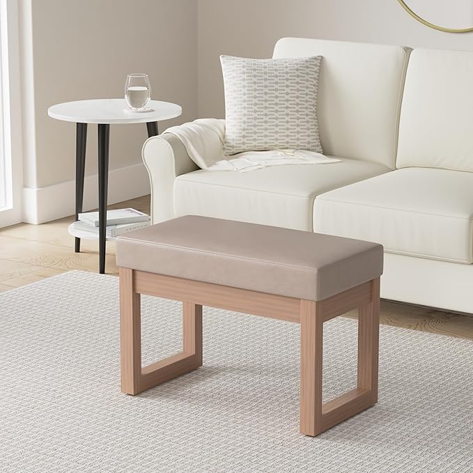 SIMPLIHOME Milltown 27 inch Wide Contemporary Rectangle Footstool Ottoman Bench in Ash Blonde Vegan Faux Leather, Assembled, For the Living Room and Bedroom