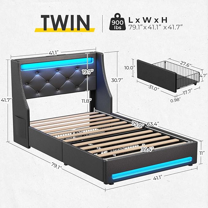 Rolanstar Twin Bed Frame with LED Lights and Charging Station, PU Leather Bed with Drawers, Wooden Slats, Noise Free, Easy Assembly, Black