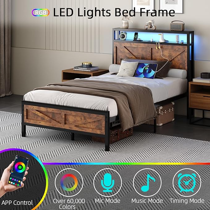 Twin Bed Frame with Charging Station and LED Lights, Twin Size Metal Platform Bed Frame with Storage and Rustic Barn Door Headboard, Heavy Duty Steel Slats Support, No Box Spring Needed, Rustic Brown