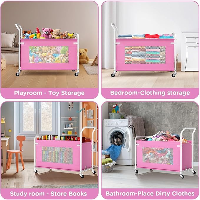 KEEGH Extra Large Toy Box for Kids with 360° Rotating Wheels, Heavy Duty Toy Chest for Boys and Girls, Toy Storage Organizer for Kids, Toy Bins for Living Room, Nursery, Bedroom (Pink)