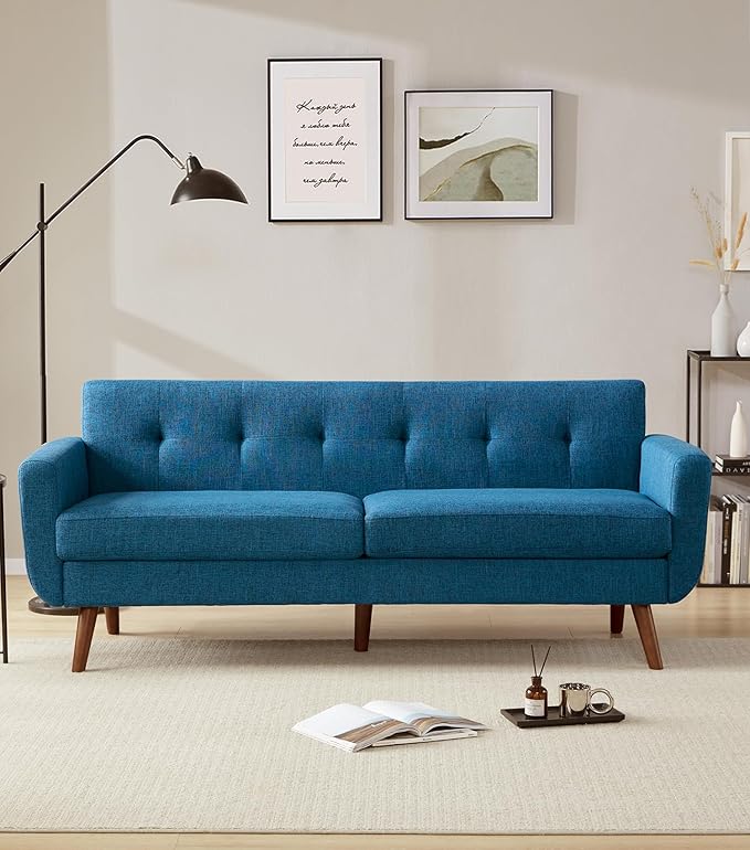 Tbfit 77.2" W Linen Sofa Couch, Mid Century Modern Decor Loveseat Couches for Living Room, Button Tufted Upholstered Small Couch for Bedroom, Solid, and Easy to Install Love Seats Furniture, Blue