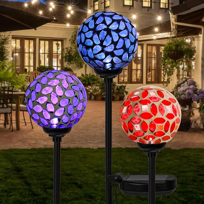 VCUTEKA Solar Garden Decorative Lights Outdoor, Mosaic Solar Light Waterproof LED Pathway Stake Light for Landscape Patio Yard Deck Walkway Decoration, 3 Pack (Blue&Purple&Red)