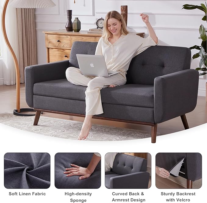 Kingfun 65" W Loveseat Sofa, Mid Century Modern Decor Love Seat Couches for Living Room, Button Tufted Upholstered Furniture, Solid & Easy to Install Small Couch for Bedroom Office Apartment,Gray