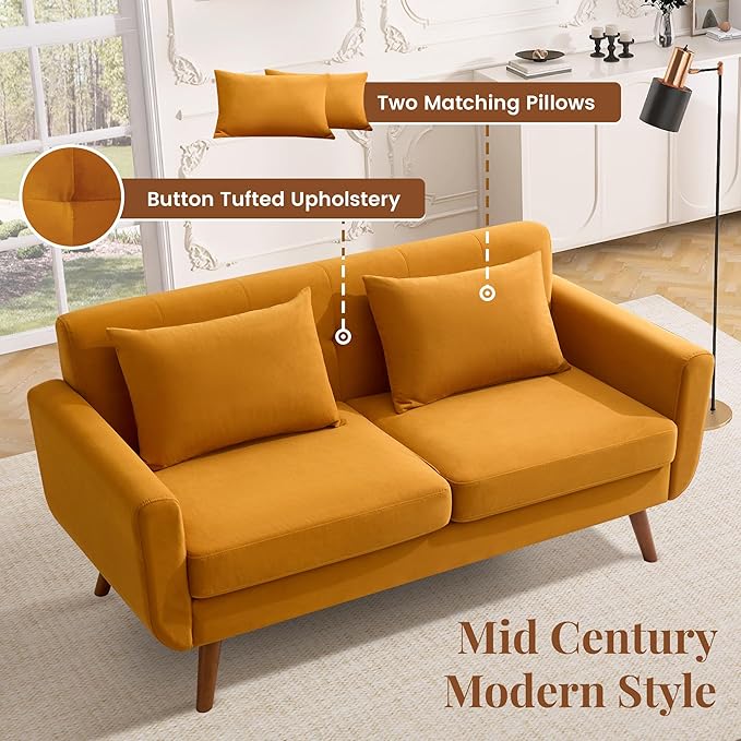 Tbfit 65" W Loveseat Sofa, Velvet Mid Century Modern Love Seat Couches for Living Room, Button Tufted Upholstered Small Couch for Bedroom, Solid and Easy to Install Love Seats Furniture, Yellow