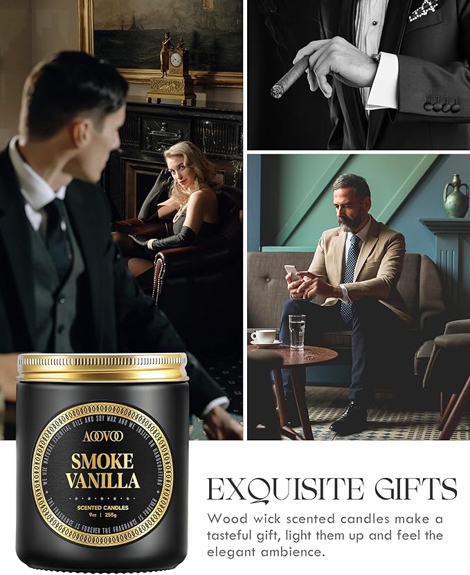 AOOVOO Scented Candle for Home Scented - Wood & Vanilla Scented Candles | Strong Fragranced Soy Mens Candles | Masculine Candle, Wood Wicked Candles | Smokey & Vanilla Candle in Black Jar, AO-LZY0152