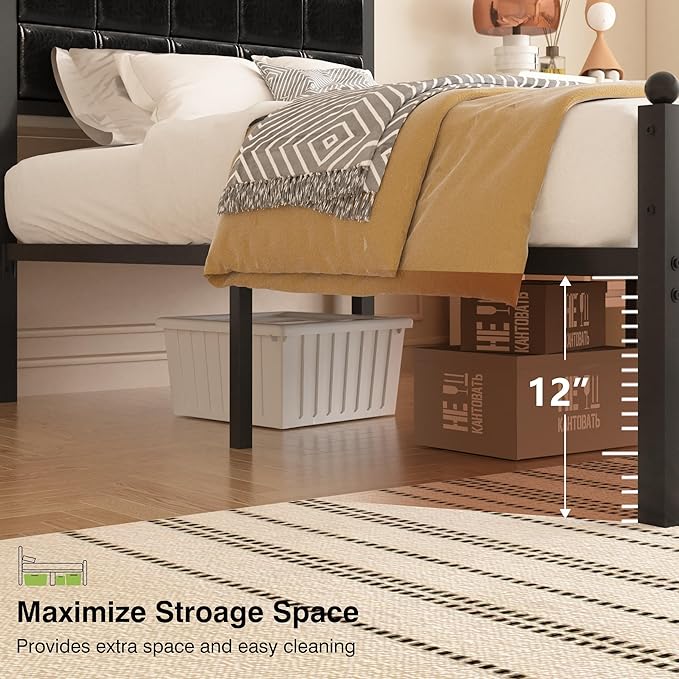 VECELO Twin Bed Frame, Faux PU Leather Platform Beds with Upholstered Headboard and Footboard, Strong Metal Slats Support, Noise-Free, No Boxing Spring Needed, PU Black