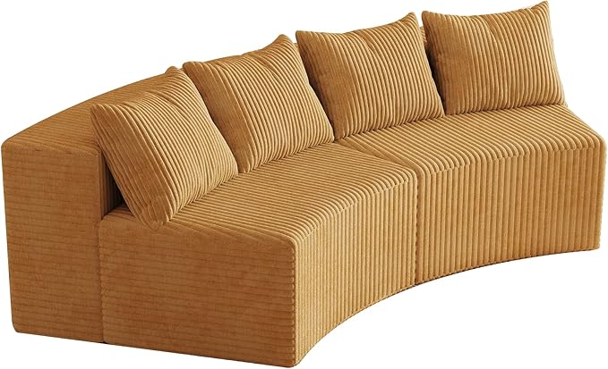 KEIKI Corduroy Curved Sectional Sofa, 2 Seater Symmetrical Modular Semi Circular Couch, Deep Seat Tufted Corner Sofa for Living Room, Lobby, Yellow