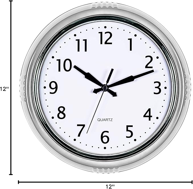 Bernhard Products Retro Wall Clock 12 Inch Silver Kitchen 50's Vintage Design Round Silent Non Ticking Quality Quartz Battery Operated for Home/Office/Kitchen/Living Room/School Classroom