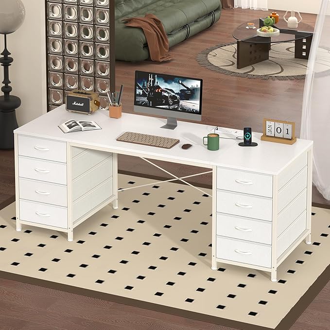 60 Inch Computer Desk with 8 Drawers, Home Office Desk with Power Outlets, Work Study Gaming Desk with 8 Fabric Drawers, White