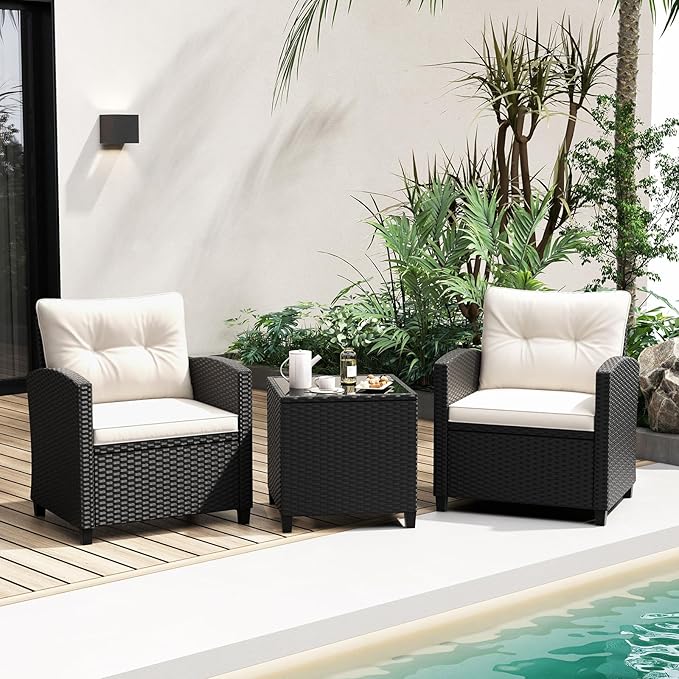 Tangkula 3 Piece Patio Furniture Set, Rattan Conversation Set w/Soft Seat & Back Cushions, Tempered Glass Topped Coffee Table, Cushioned Wicker Seating Set for Backyard, Porch, Poolside (Off White)