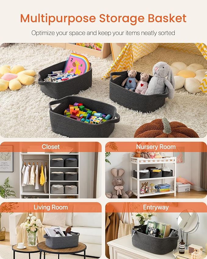 KALLAX Small Woven Basket, 14 x 10 x 5.6 Inches, Small Storage Baskets for Organizing, Gift Baskets Empty, Cute Rope Shelf Closet Storage Bins for Shelves, Dog Toy Basket, Dark Grey