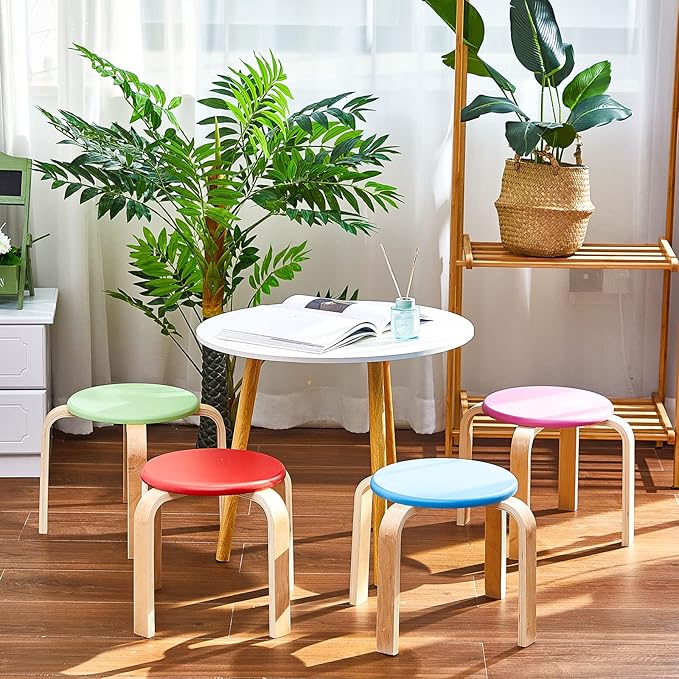 Sintuff 12 Inch Wood Stackable Classroom Stools Bentwood Stacking Chairs for Kids Colorful Round Nesting Stools Pack of 6 for Toddlers Adult Playroom Daycare Home Office